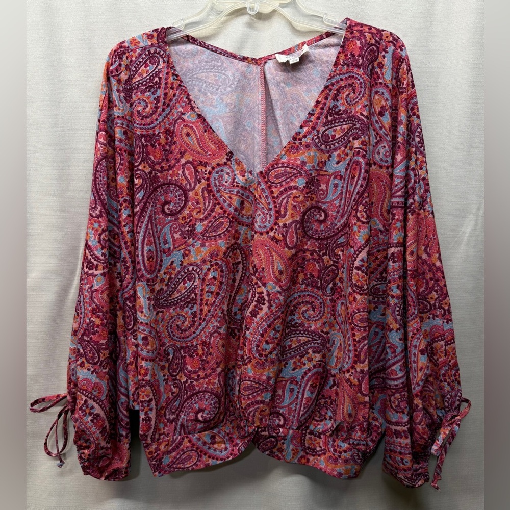 UMGEE Pink Paisley Long Puff Sleeve V-Neck Smocked Back Pullover Blouse Sz XL